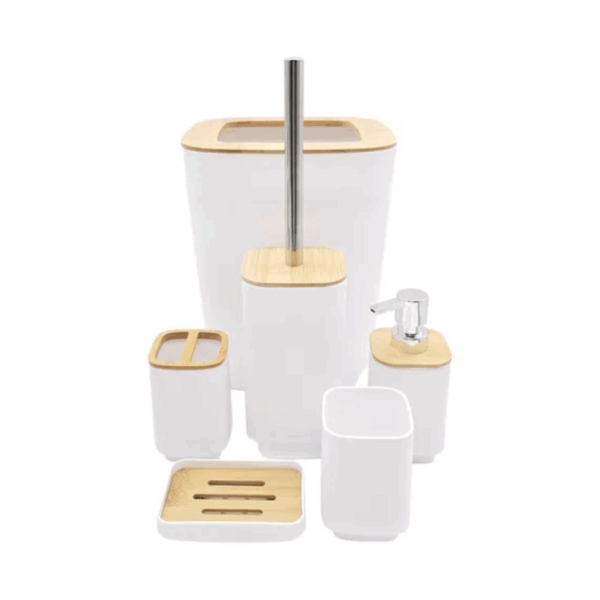 Set de Ba?o Tacho 5 Litros + Escobilla + Vaso + PortaCepillo de Dientes + Dispenser de Jabon + Jabonera PVC y Bambo Blanco
