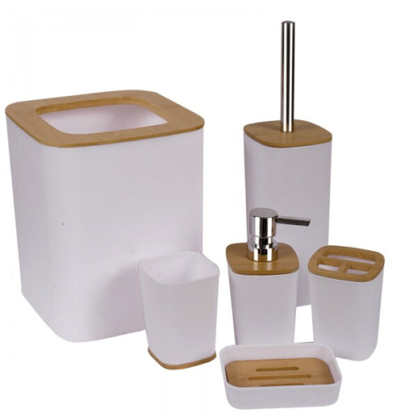 Set de Ba?o Tacho 5 Litros + Escobilla + Vaso + PortaCepillo de Dientes + Dispenser de Jabon + Jabonera PVC y Bambo Blanco - Image 2