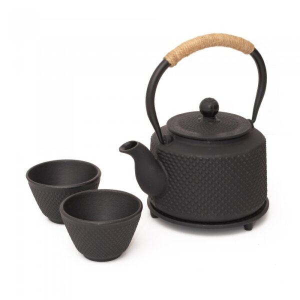 Set de Té de Hierro Enlosado Tetera 850 mL + Posa Tetera + 2 Cuencos 120 mL