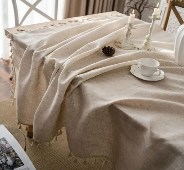 Mantel Rustico Poliester Liso Beige con Borlas Decorativas - Image 3