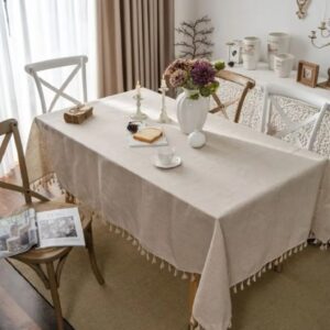 Mantel Rustico Poliester Liso Beige con Borlas Decorativas