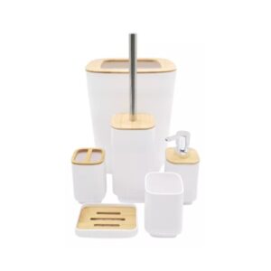 Set de Baño Tacho 5 Litros + Escobilla + Vaso + PortaCepillo de Dientes + Dispenser de Jabon + Jabonera PVC y Bambo Blanco