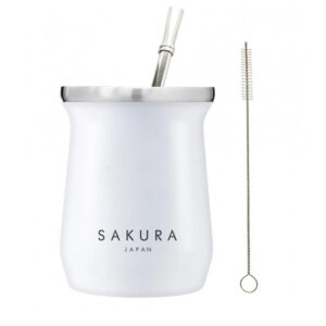 Mate de Acero con Bombilla y Limpiador Sakura Blanco
