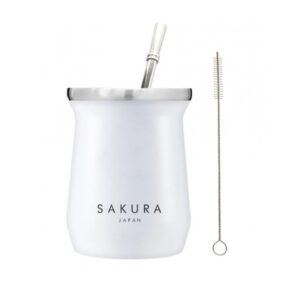 Mate de Acero con Bombilla y Limpiador Sakura Blanco