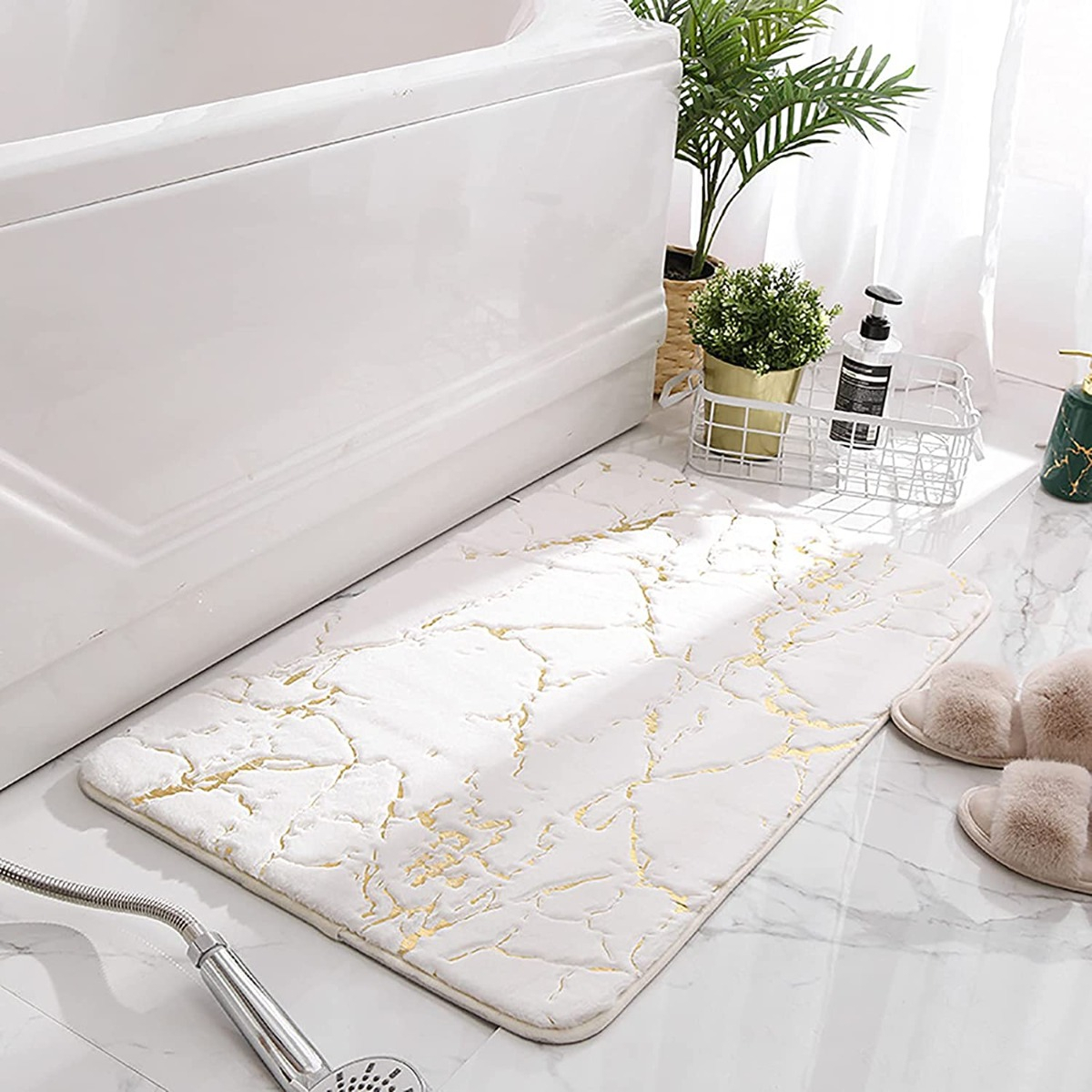 Alfombra de Baño 60 cm x 40 cm Modelo Grieta Blanco y Dorado