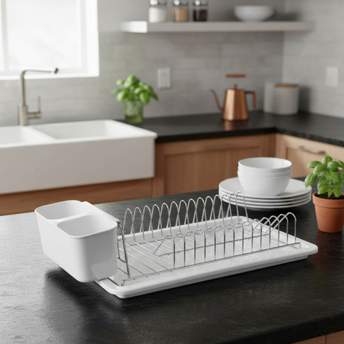 Escurridor Seca Platos Acero + Bandeja y Porta Cubiertos PVC Blanco - Image 2