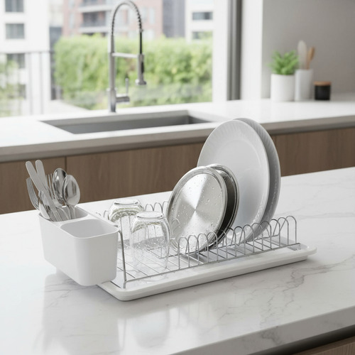 Escurridor Seca Platos Acero + Bandeja y Porta Cubiertos PVC Blanco - Image 3