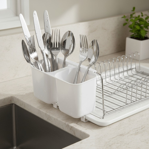 Escurridor Seca Platos Acero + Bandeja y Porta Cubiertos PVC Blanco - Image 5