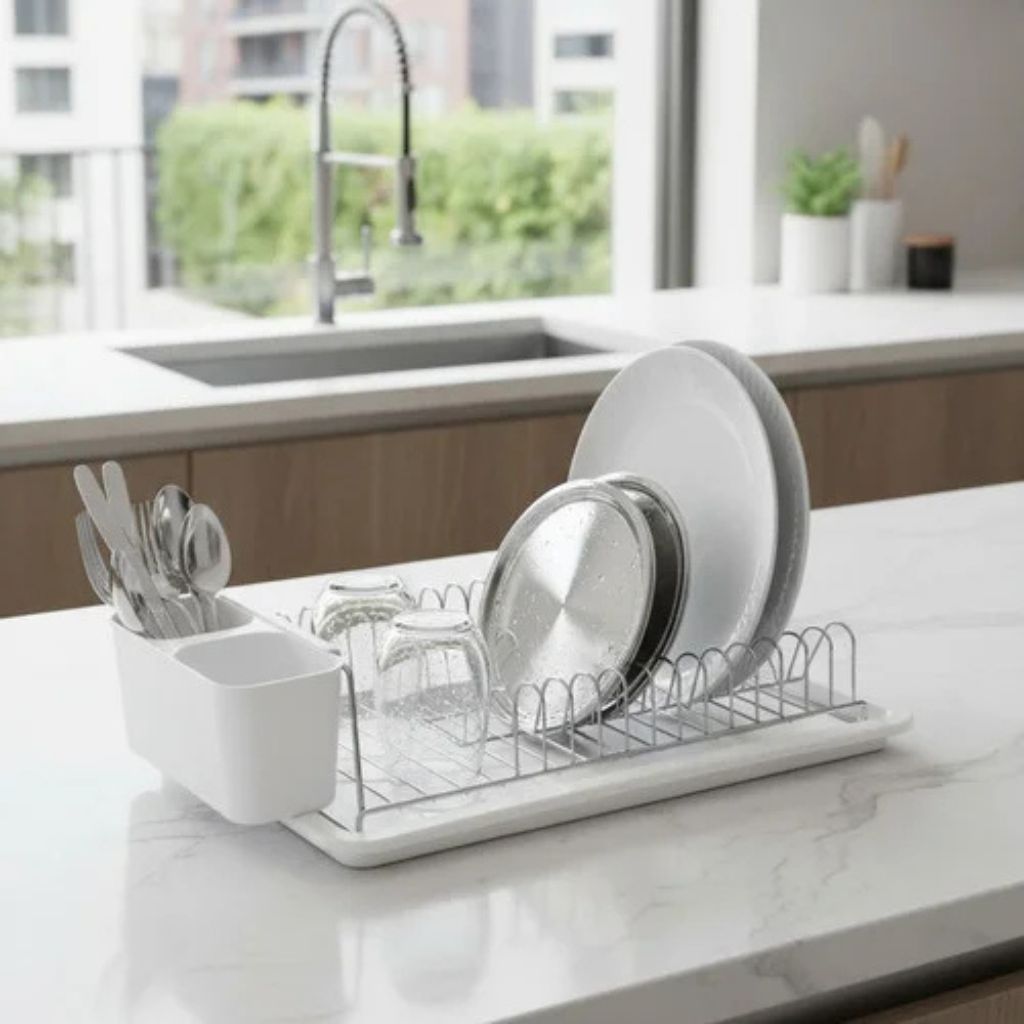 Escurridor Seca Platos Acero + Bandeja y Porta Cubiertos PVC Blanco