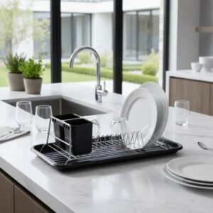 Escurridor Seca Platos Acero + Bandeja y Porta Cubiertos PVC Negro