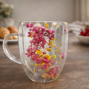 Taza Vaso Doble Vidrio Floral 350 mL Amarillo y Rosa