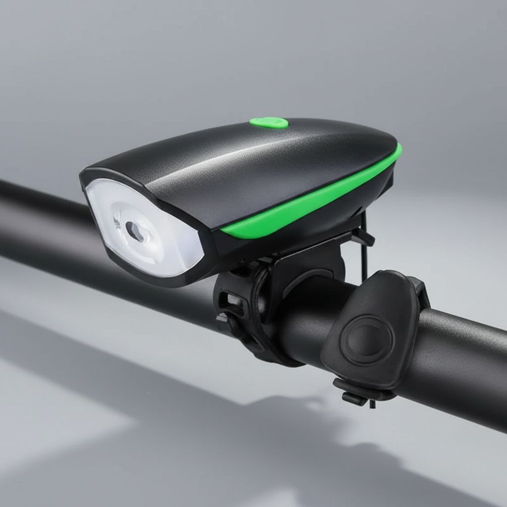 Luz Bicicleta Delantera con Bocina Recarga USB Negro y Verde - Image 3