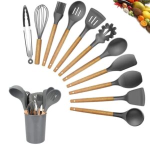 Set x12 Utensilios Madera y Silicona con Soporte Gris