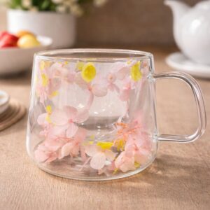 Taza Vaso Doble Vidrio Floral 150 mL Amarillo y Rosa