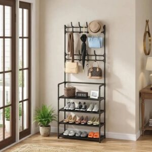 Perchero Organizador De Pie Con Zapatero Metálico 4 Niveles Negro