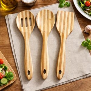 Set x3 Utensilios de Madera Bambu Cuchara + Perforada + Espatula 27 cm