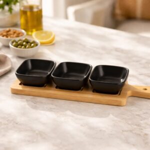 Set x3 Cuencos Bowls Dips Ceramica + Tabla Bambu